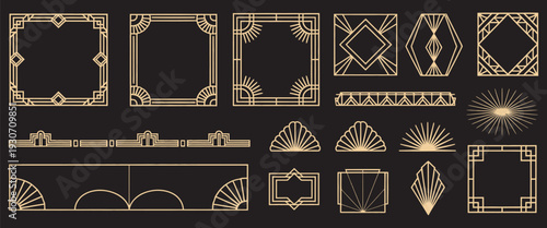 Luxury Golden Geometric Art Deco Ornaments, Decorative Elements Set, Lines, Frames, Dividers, Borders, Elegant Design for Cards, Invitations, Poster Design