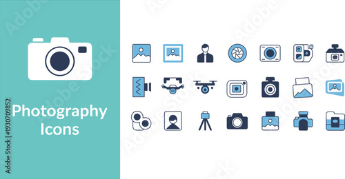 Photography icons set with camera drone tripod and lens symbols for professional studio branding  flat vector illustration designs