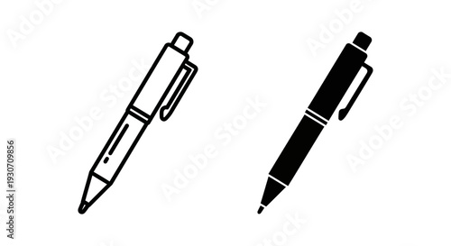 Two pen icons, outline and solid black, symbolizing writing, creativity, and office supplies.