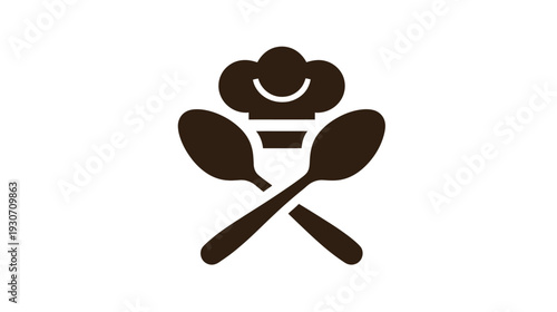 A dark brown chef's hat with a smiling face above crossed spoons on a white background