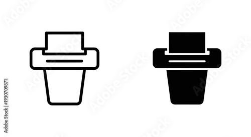 Printer or paper shredder icons, outline and solid black, symbolizing printing, copying, or document disposal.
