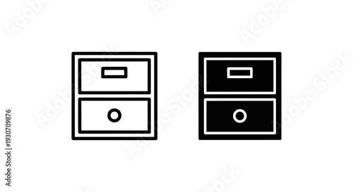 Simple filing cabinet icons, outline and solid black, representing organization, storage, and office data.
