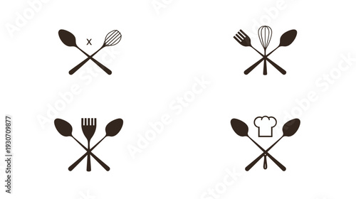 Four crossed kitchen tools icons, each with a different combination against a white background