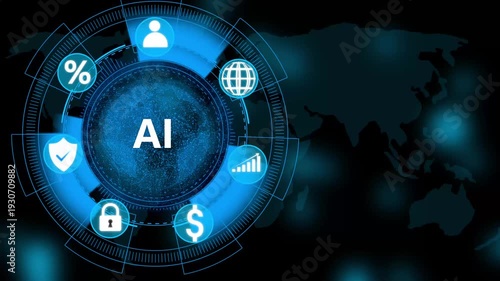 Futuristic AI network graphic with global connections and icons for finance, security, and people. Internet and social media icons 4K animation.