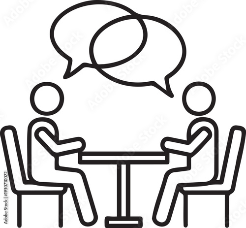 Two people sitting at a table and talking to each other with speech bubbles indicating conversation and dialogue
