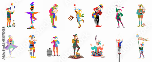 A vibrant collection of medieval jesters and clowns performing various entertaining acts, illustrating joy, celebration, and historical carnival traditions.