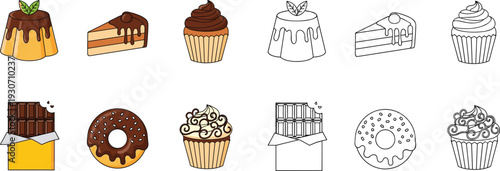 Chocolate Dessert Icon Collection with Color and Outline Styles Including Cake Slice, Cupcake, Donut, Candy Bar, and Sweet Pudding