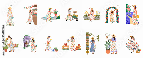 Beautiful women in floral dresses enjoying gardening, flower markets, and nature's beauty in charming spring and summer vignettes.