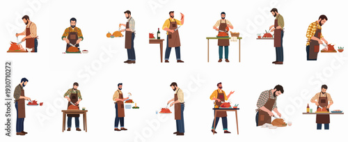 Various illustrations of men carving and preparing roasted turkeys for holiday feasts, including Thanksgiving and Christmas dinners, demonstrating traditional meal preparation.
