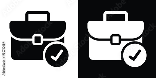Bold briefcase icon with a checkmark symbol. Represents completed business tasks, project success, approved work, and job completion. Modern black and white flat vector.