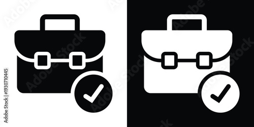 Bold briefcase icon with a checkmark symbol. Represents completed business tasks, project success, approved work, and job completion. Modern black and white flat vector.