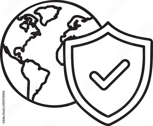 Global security concept featuring a shield with a check mark protecting the world map
