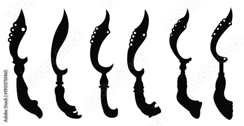 set of silhouettes of traditional kujang weapons isolated 
