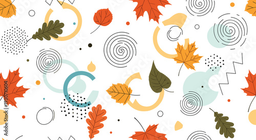 Seamless autumn pattern featuring various colorful leaves and abstract geometric shapes on a clean white background.