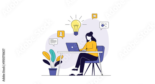 Young woman working on a laptop at a desk with a bright idea lightbulb symbol floating above her head in flat style.