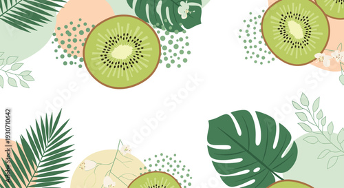 Tropical background design with fresh green kiwi slices and monstera leaves arranged on an abstract pastel backdrop.