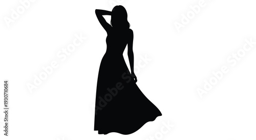 A striking silhouette of a woman in a flowing gown captured in a dramatic pose against a bright background silhouette