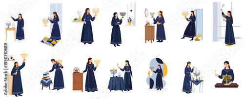 Jewish Women Celebrating Hanukkah: A Collection of Scenes with Menorah Lighting and Traditional Observances