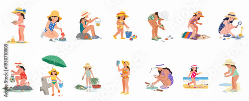 Young girls in swimsuits and hats having fun on the beach, engaging in various summer holiday activities like collecting shells, building sandcastles, and exploring.