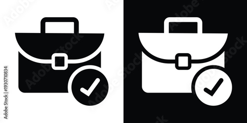 Bold briefcase icon with a checkmark symbol. Represents completed business tasks, project success, approved work, and job completion. Modern black and white flat vector.