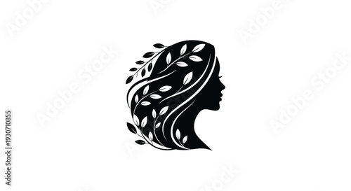 A striking profile of a woman her hair composed of swirling leaves and branches presented as a silhouette high quality professional