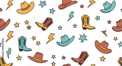 Fun seamless pattern with colorful cowboy hats, boots, stars, and lightning bolts on a clean white background.
