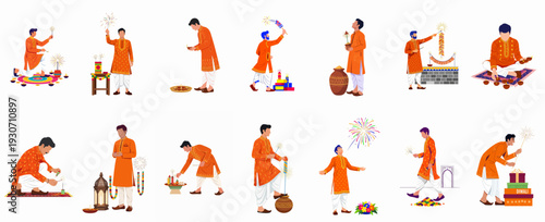 Men celebrating Diwali festival with sparklers, diyas, firecrackers, gifts, and traditional elements, depicting various joyful festive moments and rituals.