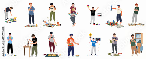 Diverse illustrations of young men playing board games and card games, showcasing leisure, strategy, competition, and fun with friends.