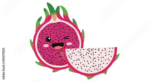 Adorable dragon fruit character with a winking face and a pink slice isolated on a plain white background.
