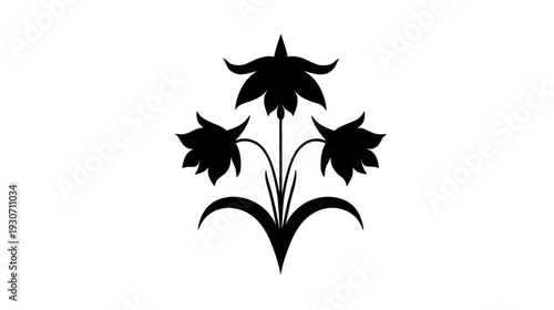 A black and white graphic depicting a stylized floral arrangement against a white background