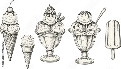 Vintage Hand Drawn Ice Cream Cones Sundaes and Popsicle Collection with Waffle Cones Scoops Syrup Cherry Toppings Illustration