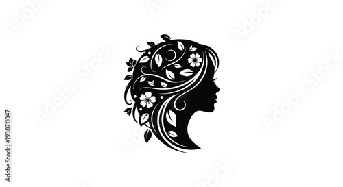 A striking profile of a woman with floral hair rendered in a bold black silhouette high quality professional detailed modern elegant