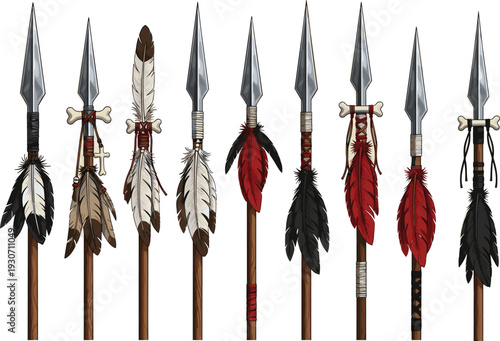 Tribal ceremonial spear collection with feathers, bones, beads, and leather wraps showcasing indigenous craftsmanship, cultural symbolism, and artistic decorative weapon design