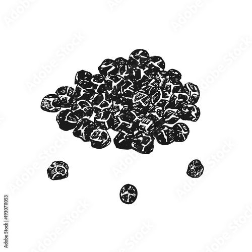 Dried black pepper peppercorns heap with individual peas. Vector graphic illustration. Hand drawn traditional spicy ingredient for food packaging and organic spice for cooking and seasoning