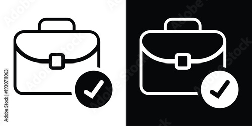 Bold briefcase icon with a checkmark symbol. Represents completed business tasks, project success, approved work, and job completion. Modern black and white flat vector.