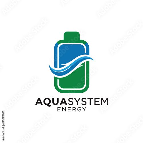 Battery icon with water wave logo for renewable hydroelectric and green energy Aquasystem Energy