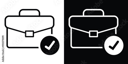 Bold briefcase icon with a checkmark symbol. Represents completed business tasks, project success, approved work, and job completion. Modern black and white flat vector.