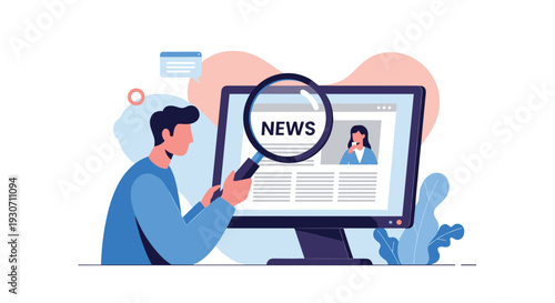 Illustration of a man using a magnifying glass to read news on a computer screen in a modern flat design style.