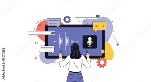 Creative woman interacting with a digital interface showing sound waves and audio icons on a large tablet screen.