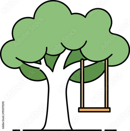 Charming cartoon illustration depicting a cheerful green tree featuring a simple wooden swing hanging playfully from its strong branch.