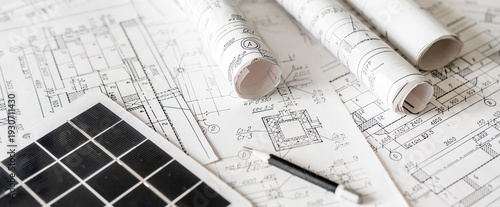 Architectural blueprints with rolled plans and solar panel, sustainable architecture and green building design, renewable energy integration, construction planning background.