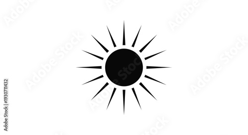 Simple black sun symbol with rays on white background representing warmth and energy