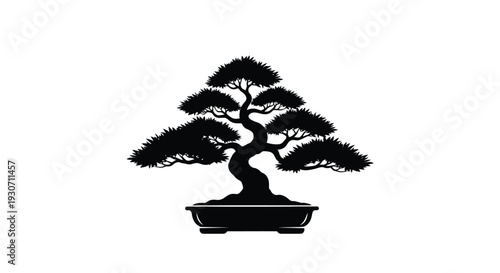 Bonsai tree silhouette in pot black and white minimalistic design symbol of nature and serenity