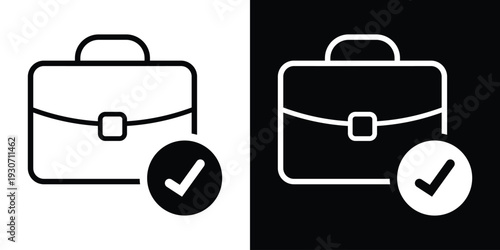 Bold briefcase icon with a checkmark symbol. Represents completed business tasks, project success, approved work, and job completion. Modern black and white flat vector.