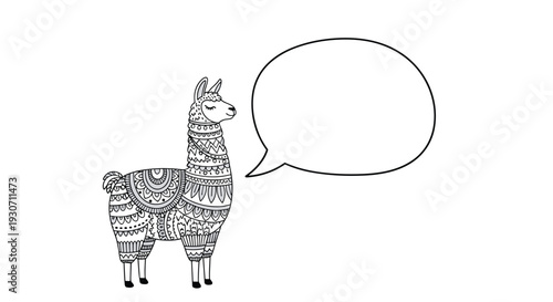 Detailed line art of a decorated llama with intricate patterns and an empty speech bubble for custom text input.