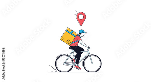 Delivery man riding a bicycle with a large yellow package on his back and a location pin icon above his head.