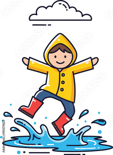 Adorable cartoon child in a bright yellow raincoat and red boots happily jumps in a splashy puddle of water under a fluffy rain cloud.