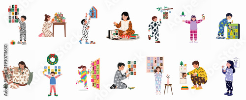 Joyful children and an adult in pajamas excitedly open daily surprises from various advent calendars during the holiday season, anticipating Christmas.
