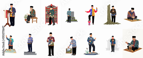 Illustrations of an Indonesian Elder in Batik Performing Various Cultural and Official Activities, Showcasing Tradition and Leadership in Diverse Settings.
