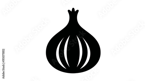 A monochrome illustration of a bulbous vegetable with internal curved lines, isolated on white